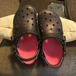 Black and pink Post Malone crocs